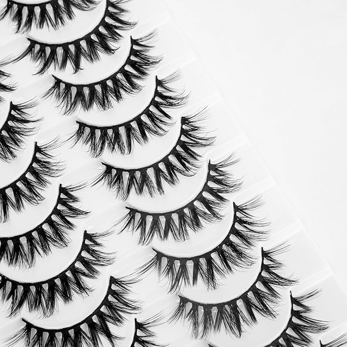 SONAFEEL False Eyelashes Wispy Full Natural Faux Mink Lashes 14mm 10Pairs Spiky Strip Lashes Pack Reusable Slightly Dramatic Fake Lashes