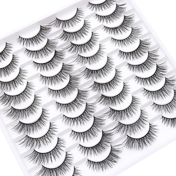 False Eyelashes 20 Pairs 10-18mm Long Lashes Wispy Lashes Faux Mink Lashes 3D Fluffy Cat Eye Lashes (style 20-060)