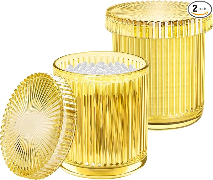 MKOSAB 2 Pack Qtip Holder - Apothecary Jars with Lids, Bathroom Organizers and Storage Canister for Cotton Balls,Swabs,Floss Picks,Hair Ties,Clear Glass Vintage Bathroom Decor Jar Set (yellow)