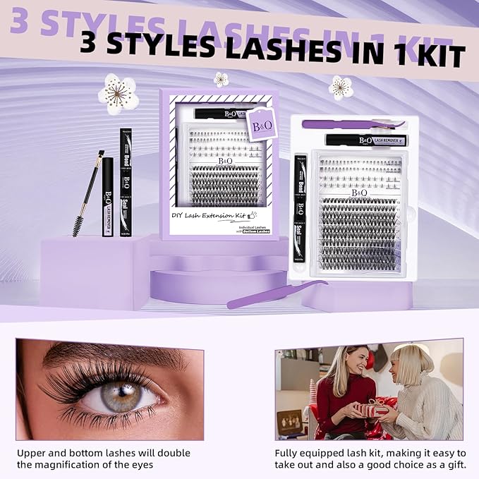 B&Qaugen Eyelash Extension Kit with Bottom Lash Extension 10-18mm 30D D Curl Lash Clusters Kit with Bottom Lashes DIY Lash Extension Kit Bond and Seal Lash Applicator (Kit-30D-D-MIX10-18)