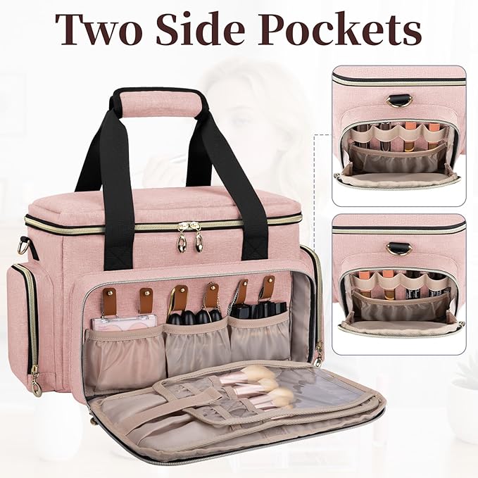 Large Makeup Bag, Portable Travel Makeup Bag Organizer for Women Girls with 2 Removable Pouches & Detachable Dividers, Cosmetic Travel Bag, Toiletry Bag for Makeup and Hair Supplies Pink