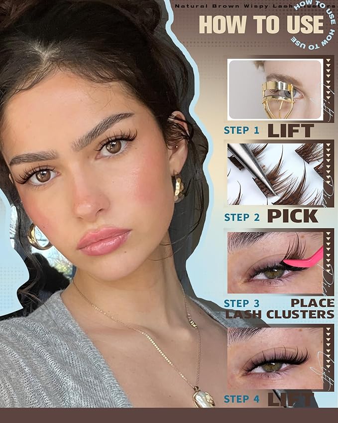 ALICROWN Brown Lash Clusters Cat Eye Cluster Eyelash Extensions Manga Eyelash Clusters Left & Right Natural Lash Extensions Spiky Cluster Lashes C Curly Fox Eye Individual Lashes Fairy Eyelashes