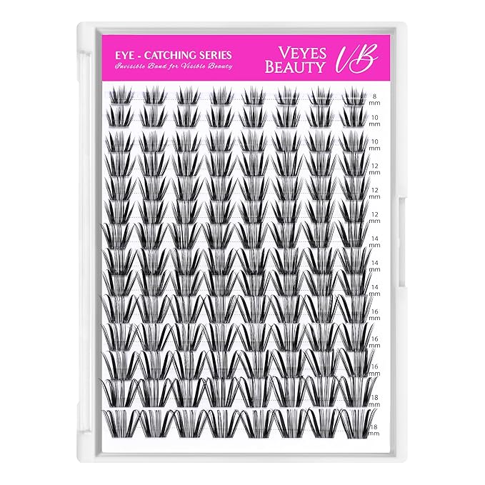 VEYESBEAUTY Crown Lash Clusters Kit Individual Lash Extensions Eye-Catching Series DIY Dramatic Eyelash Wispy Faux Mink Lash Mixed Length Tray with Bond & Seal, Applicator at Home