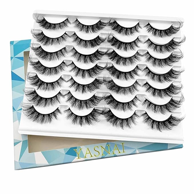 Yasnai Cat Eye Lashes False Eyelashes Fluffy Volume 18mm Strip Lashes Wispy Fake Lashes Natural Eyelashes 14 Pairs Pack 9D
