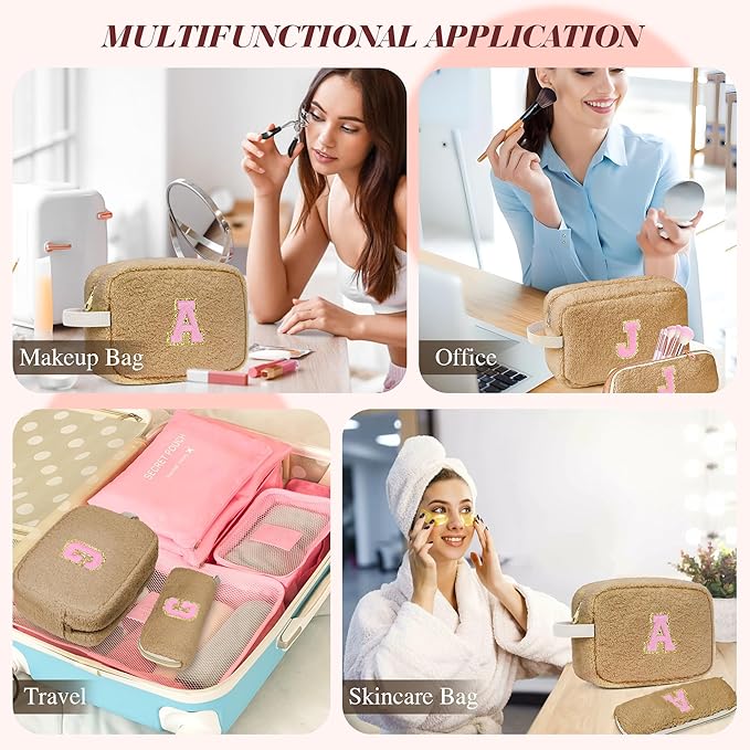 for Valentines Day Gifts, Personalized Initial Cosmetic Bag Pouch for Teen Girls, Preppy Makeup Travel Bags for Daughter Sister Girlfriend, Monogramed Make Up Pouch for Birthday Gifts - Brown Q