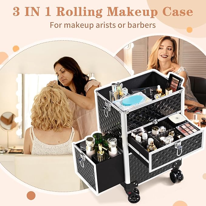 Karl home Rolling Makeup Case with Wheels & 2 Drawers, 3 in 1 Large Capacity Trolley Makeup Travel Case, Professional Cosmetology Lockable Travel Cosmetic Storage Train Cases, Black