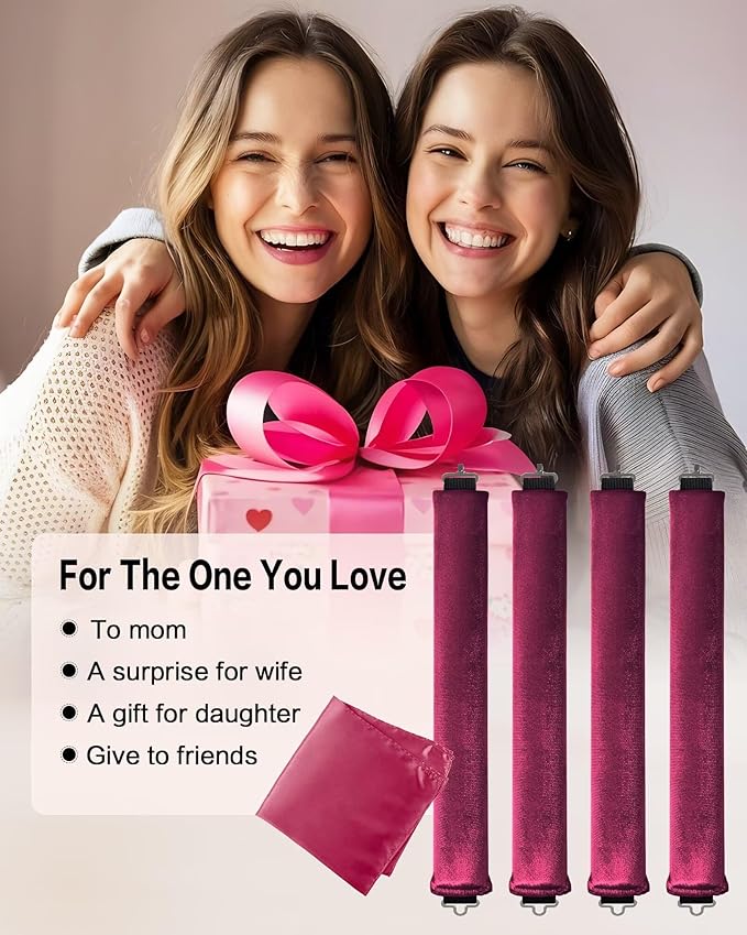 Heatless Curls Overnight Hair Curler - 4 Pcs Curling Rod to Sleep In, Velvet Hair Rollers with Satin Hair Scarf