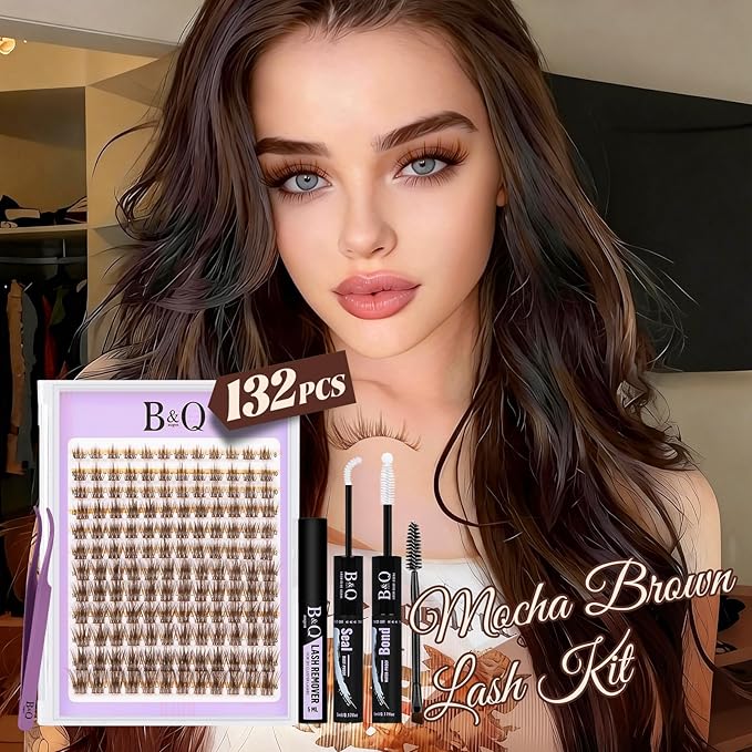 B&Q Brown Lash Clusters Kit Natural Mochalash Clusters 02, Wispy Eyelash Clusters Kit C-Curl Cluster Eyelash Extensions 8-16mm Brown Lash Eyelashes Kit for Fair/Dark Hair(Mochalash 02 Set)