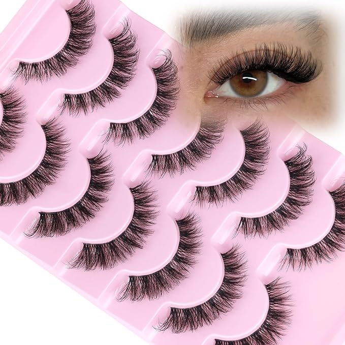 Clear Band False Eyelashes Wispy Lashes Mink Cat Eye Lashes Natural Look Eyelashes Pack Soft Light CD Curvature, 7 Pairs