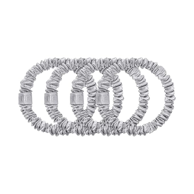 slip Silk Skinny Scrunchies - Silver | Set of 4 Skinny Scrunchies | 100% Mulberry Silk, Anti-Crease, Gentle on Hair, Reduces Breakage | Stylish & Durable, Ideal for All Hair Types