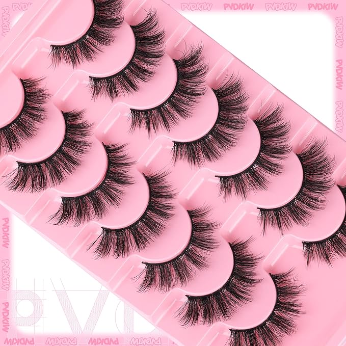 Wispy Lashes Manga False Eyelashes Natural Cat Eye Lahses Strip 8-15mm Fake Lashes Pack Wispy 3D Eyelashes with Cotton Band, 7 Pairs