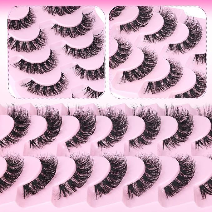 Wispy Lashes False Eyelashes Clear Band Cat Eye Lashes Natural Look 15MM Fake Eyelashes Pack Pestañas Postizas Naturales Wispy D Curvature Lashes, 7 Pairs