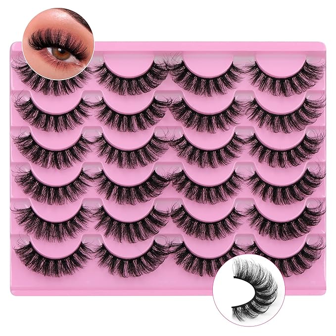 Yawamica False Lashes Wispy 16mm Mink Lashes Pack 12 Pairs 5D Fluttery Volume Fake Eyelashes Cat Eye Natural Look