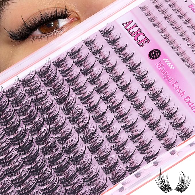 ALICE Manga Lash Clusters Clear Band with Bottom Eyelash Clusters Anime Cluster Eyelash Extensions Wispy Natural Lash Extensions Thin Band 174pcs 6-18mm Individual Lashes DIY at Home