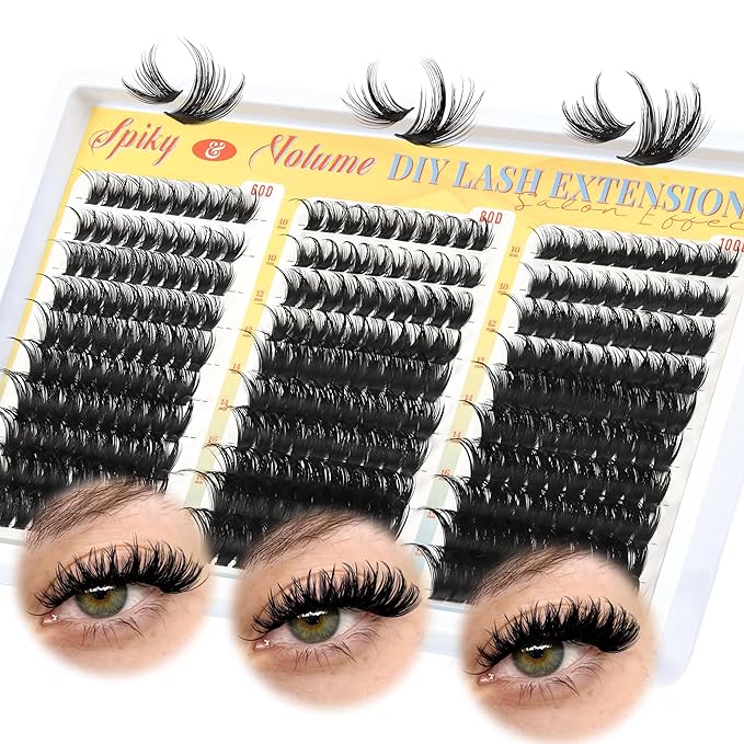 Fyonas Wispy Lash Clusters 60D+80D+100D Spiky Volume Cluster Eyelash Extensions with Spikes 300Pcs D Curl Thick Fluffy Eyelash Clusters 10-18mm DIY Manga Individual Lashes (Cactus Bloom)