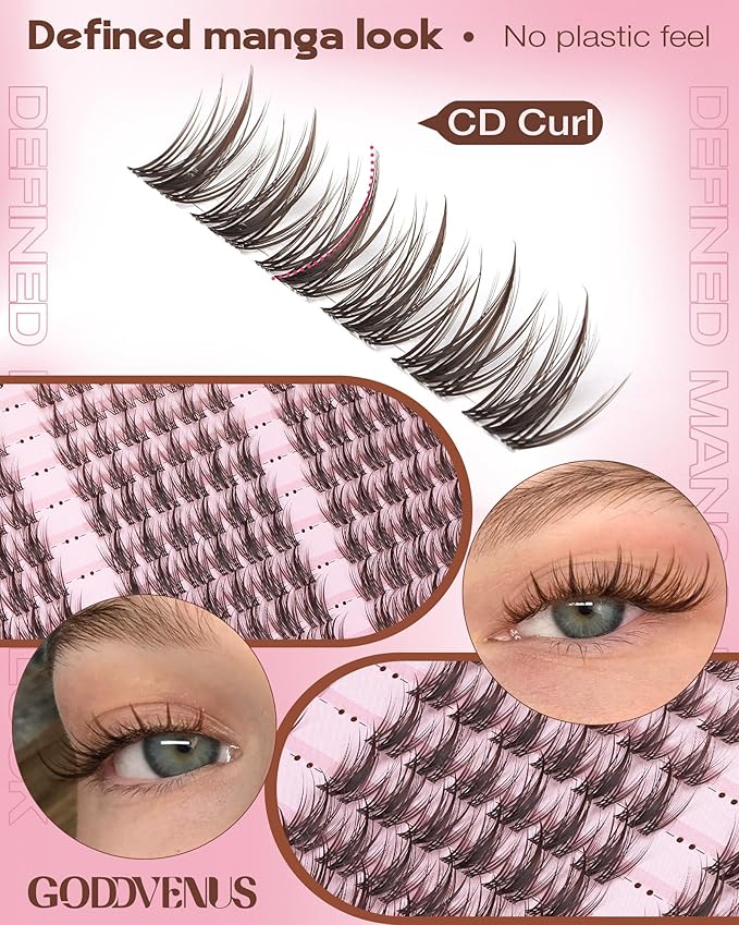 Goddvenus Brown Manga Lash Clusters Kit Natural Cluster Eyelash Extensions Kit CD Curl Wispy Fairy Eyelashes Clusters Anime Individual Lashes 180pcs