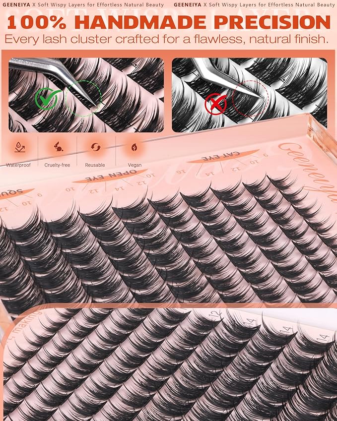 Geeneiya Wispy Lash Clusters, 9-16MM Natural Eyelash Clusters, DIY Cluster Eyelash Extensions, C Curl Lashes Clusters for Beginners