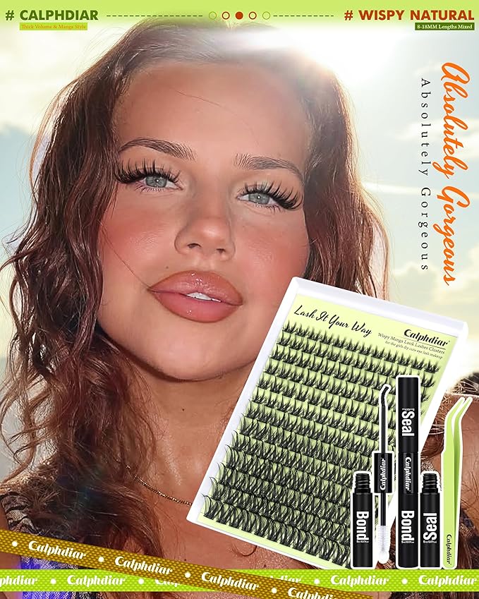 Calphdiar DIY Lash Extension Kit Thick Lash Clusters Kit Wispy Eyelash Clusters 8-18mm D Curve Eyelash Extension Kit Manga Spiky Lash Extension Individual Lashes with Lash Bond and Seal Tweezers