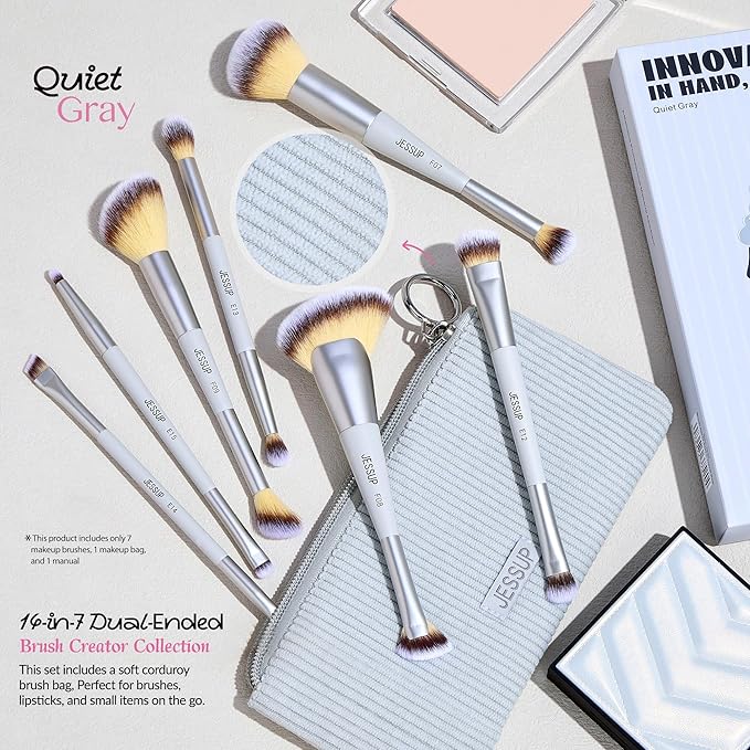 Jessup Makeup Brushes Set 7pcs Dual Ended Makeup Brush Premium Synthetic Foundation Contour Blush Highlight Blending Eyebrow Eyeshadow Shader Concealer Brush with Bag, Quiet Gray T520