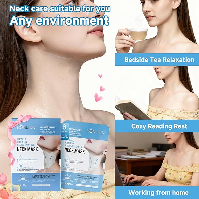 Neck Mask 8PCS,HONLINK Hydrolyzed Collagen Neckmask Set Gift with Hyaluronic Acid & Peptide, Moisturizing Firming Masks for Crepey Skin, Helps Reduce Appearance of Fine Lines for Smoother & Gloss Skin