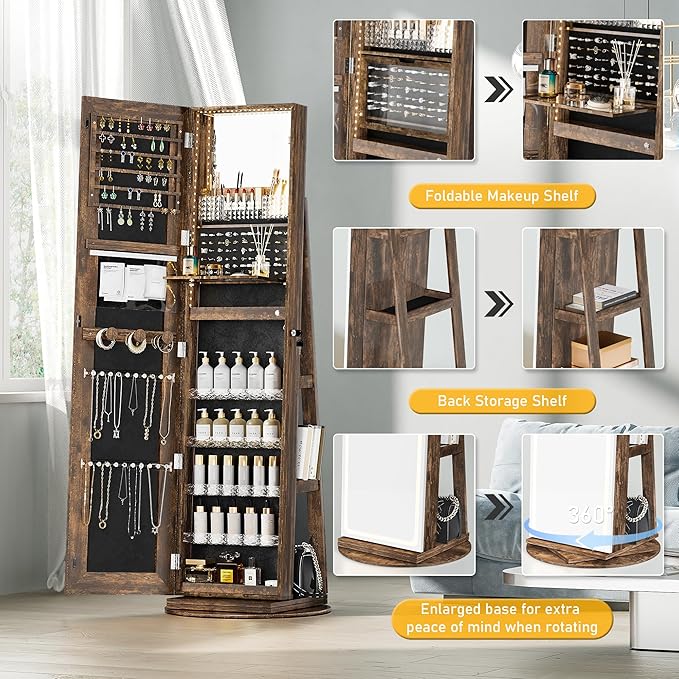 Mirror Jewelry Cabinet Standing, Jewelry Armoire with Full-Length LED Mirror and Adjustable Lights, 360° Swivel Jewelry Organizer Storage, Rustic Brown