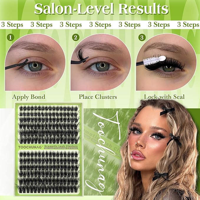 TOOCHUNAG Thick Lash Clusters 12-24mm Long Fluff Cluster Eyelash Extensions 180D+240D Spiky Curly Eyelash Clusters 192Pcs Wispy Soft Individual Lashes DIY Lash Extension
