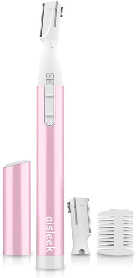 aisleek Eyebrow Trimmer, Facial Hair Trimmer Precision Detailer with Rinseable Blade, Battery Powered Double-Sided Eyebrow Razor with Comb, Compact Pen-Size Safe Painless Shaver for Chin Peach-Fuzz