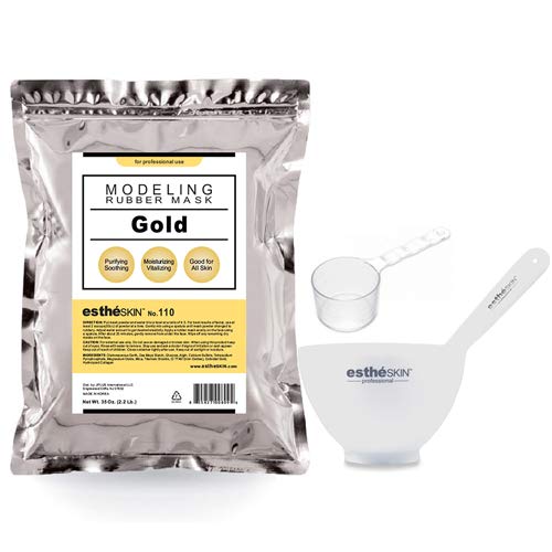 Peel Off Type Modeling Mask Powder for Facial, Skin Care, Professional Size, 35oz (2.2Pound) 1kg, 1 pack with 3pcs Mixing Bowl Set (110.Gold)