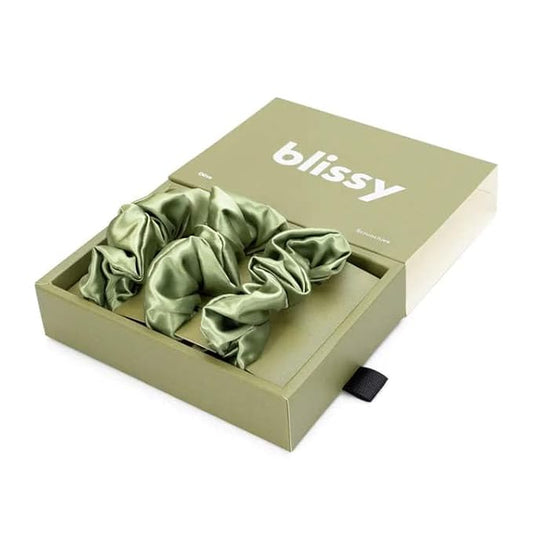Blissy Silk Scrunchies (3 Pack) - 100% Pure Mulberry Silk - 22 Momme 6A High-Grade Fibers Scrunchie for Straight & Curly Hair (Olive, Regular)