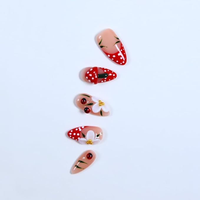 MAGLFELL Spring Press on Nails Handmade Medium Length Almond Fake Nails, 3D French Salon Painting Design False Nails, 10 Pcs Reusable ABS Material Nail Tip Artificial Nails for Women (Size S)