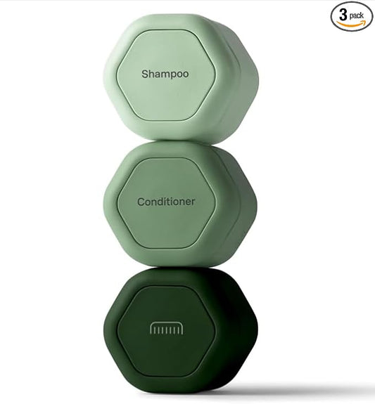 Cadence Travel Containers Haircare Capsule Set - Magnetic Containers with Lids,Carry On Travel Essentials For Women/Men - 3 Flex Mediums (1.32oz) - Shampoo, Conditioner & Comb Icon Labels - Evergreen