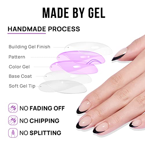 BTArtbox French Tip Press On Nails, Almond, Supremely Fit, Natural, Reusable Short Glue/Stick On Nails for Women Gift in 16 Sizes, Black French, 32 Fake Nails Kit