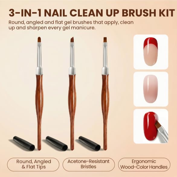 3PCS Nail Art Clean Up Brushes, Round/Angled/flat Acetone Resistant Gel Nail Polish Remover Brush, Nail Brushes for Tidying Up Polish Mishaps on Cuticles, and Nail Art Designs（Wood color）