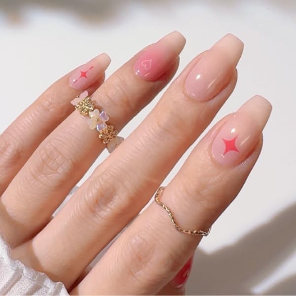 Baby Pink Semi Cured Gel UV Nail Stickers with Stars + Manicure Kit - 24 pcs Trendy Style Gel Polish Strips, 60s UV Gel Nail Strips, Salon Quality, Girl Coquette Nail Decal Wraps Durable up to 3-Weeks