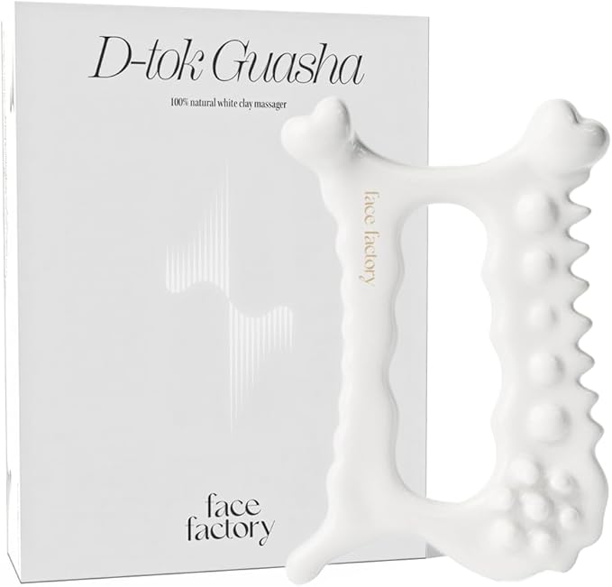 Face Factory Ceramic Gua Sha Tool- Face & Body Massager – 100% Natural White Clay, Triple-Fired Ceramic Tool for Lymphatic Drainage, Includes Storage Pouch & Guide (D-tok)