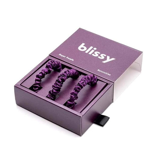 Blissy Silk Scrunchies (3 Pack) - 100% Pure Mulberry Silk - 22 Momme 6A High-Grade Fibers Scrunchie for Straight & Curly Hair (Royal Purple, Skinny)