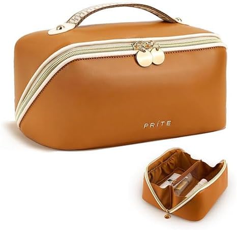 Prite Makeup Bag for Women Travel Waterproof Vegan Leather Cosmetic Bag Open Flat Toiletry Bag With Clear Divider and Handle