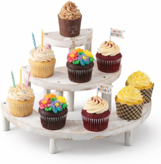 MyGift 3 Tier Wooden Display Riser Stand, Cupcake Stand & Perfume Organizer, Rustic Whitewashed Tiered Display Shelf for Desserts, Nail Polish, Makeup, Plants & Collectibles