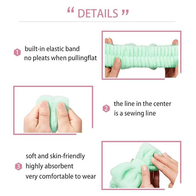 Yaqulen 7 Pcs Spa Set, Facial Headband and Wristband Set, Skincare Accessories, College Style Girl Idea Gifts, Hair Accessories for Women and Girls（Light Green）