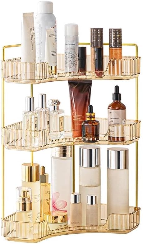Corner Bathroom Organizer, Vanity Trays, Skincare Makeup Shelf, Counter Organizer for Cosmetics, Toiletries, Lotions, Perfumes (3 Tiers, Amber)