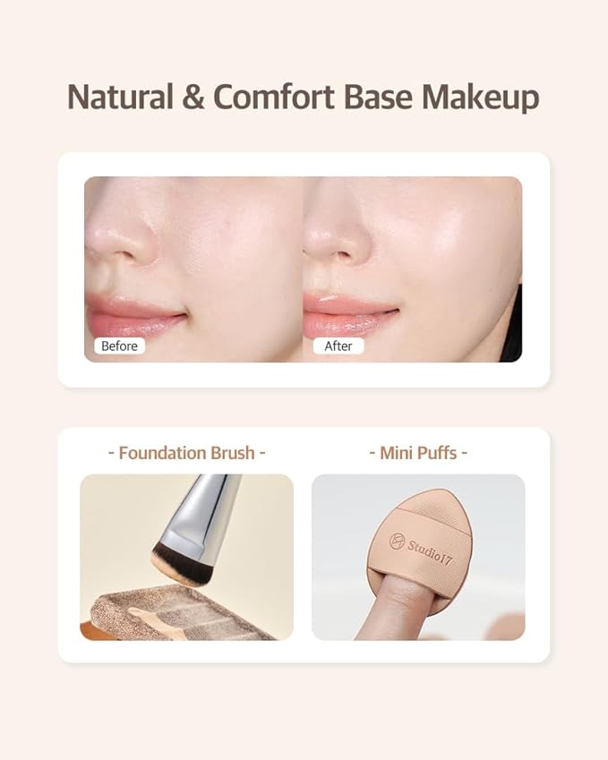 Studio17 Mini Flat Foundation Brush & Small Puff Set | Small Makeup Brush Set with 4 Mini Sized Puffs | Kit for Liquid Foundation Makeup for Base | 0.06mm Micro Synthetic Bristle & Case Pack Included