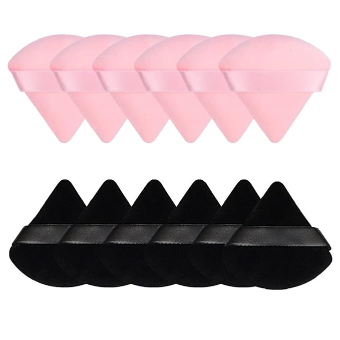 Pimoys 12 Pieces Powder Puff Face Triangle Makeup Puff Soft Cosmetic Foundation Sponge Velour Puff for Loose Powder Body Powder Beauty Wet Dry Makeup Tool(Black, Pink)