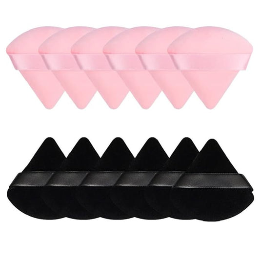 Pimoys 12 Pieces Powder Puff Face Triangle Makeup Puff Soft Cosmetic Foundation Sponge Velour Puff for Loose Powder Body Powder Beauty Wet Dry Makeup Tool(Black, Pink)