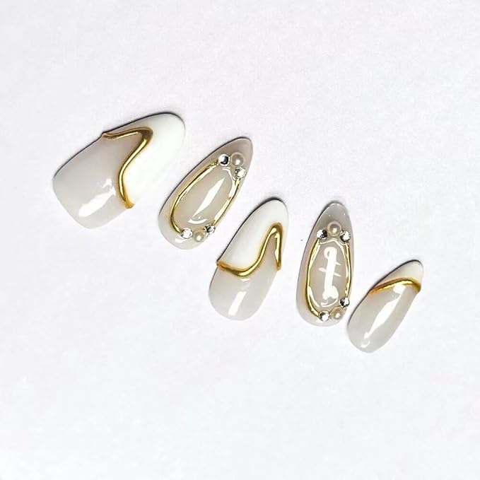 MAGLFELL Women Press On Nails - Medium Almond False Nails 10Pcs Luxury Handmade 3D Painting Art ABS Acrylic Artificial-Medium Size