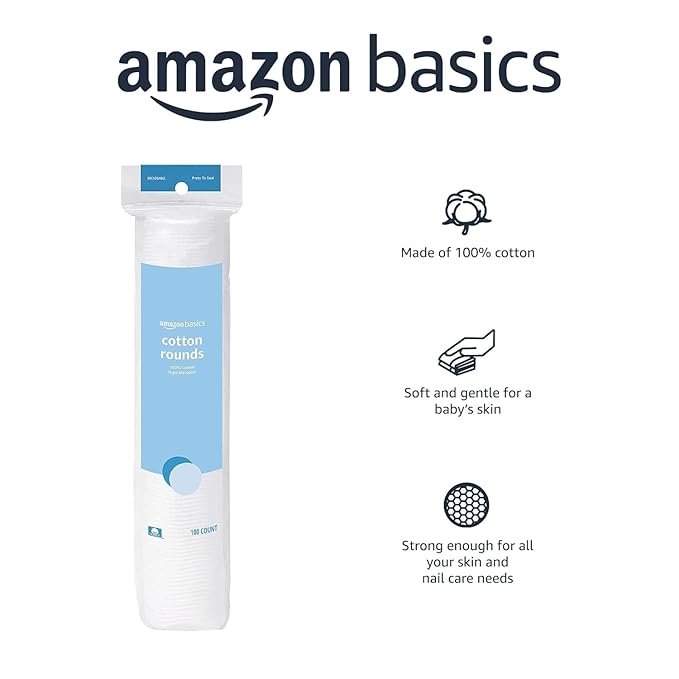Amazon Basics Hypoallergenic 100% Cotton Rounds for Makeup Removal and Skincare, 100 Count, 1 Pack
