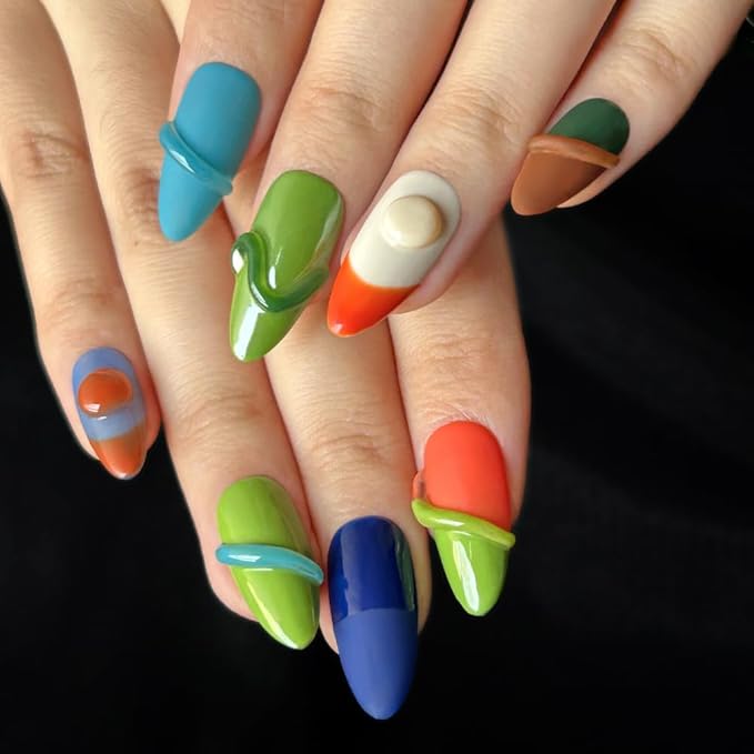 Press On Nails Medium Almond Shape - 3D Handmade Acrylic Gel Fake Nails with Glitter Designs, Reusable Thick Almond Nails for Women DIY Manicure Kit (10PCS, L Size, Easy Application)