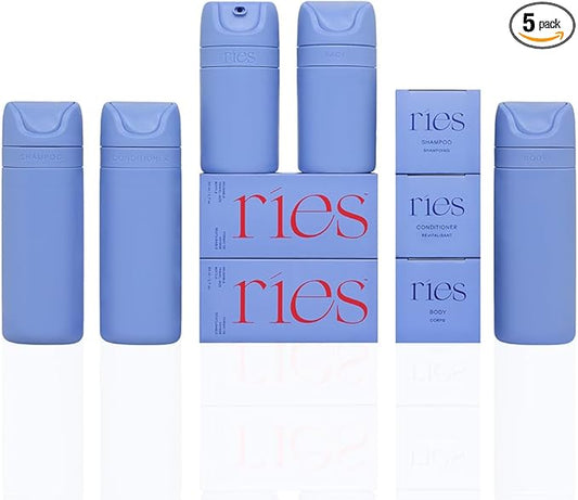 RIES Essential Refillable Toiletry Travel Bottles – Set of 5 (3.4oz & 1.7oz) Airless Pump Containers for Shampoo, Conditioner, Body, Face – Leak-Proof, TSA-Approved, Dishwasher Safe- Runaway Blue