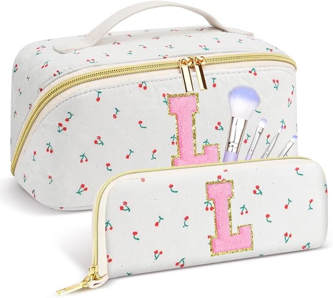 Personalized Travel Makeup Bag Set, Initial Cute Cherry Makeup Organizer Bag, Toiletry Skincare Cosmetic Bag, Valentine’s Day Gifts for Women/Girls, Open Flat Toiletry Pouch with Brush Pocket