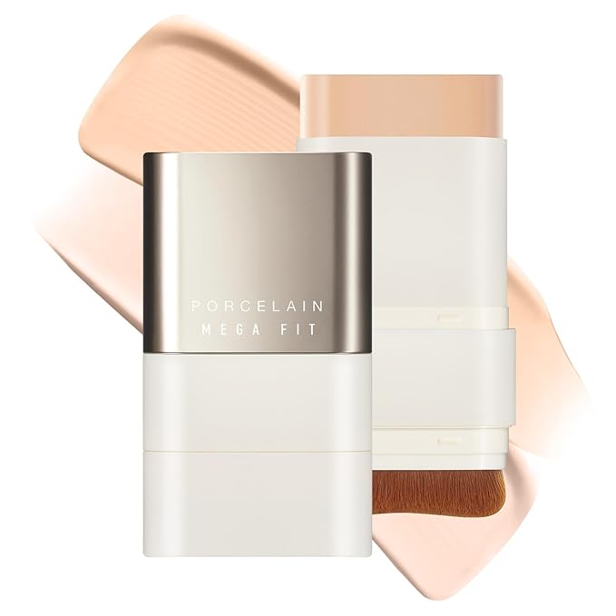 Mega Fit Stick Foundation with Built-in Brush-Full Coverage Creamy Formula for Porcelain Skin Finish, Hydrating&Long Lasting, Master Porcelain, Shade 21, 0.56 oz (01N Beige)