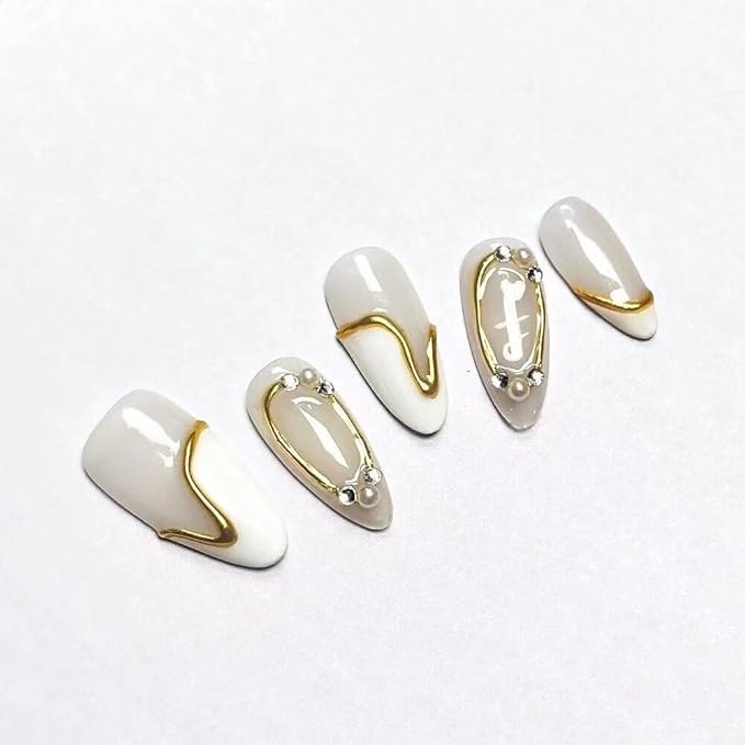 MAGLFELL Women Press On Nails - Medium Almond False Nails 10Pcs Luxury Handmade 3D Painting Art ABS Acrylic Artificial-Medium Size